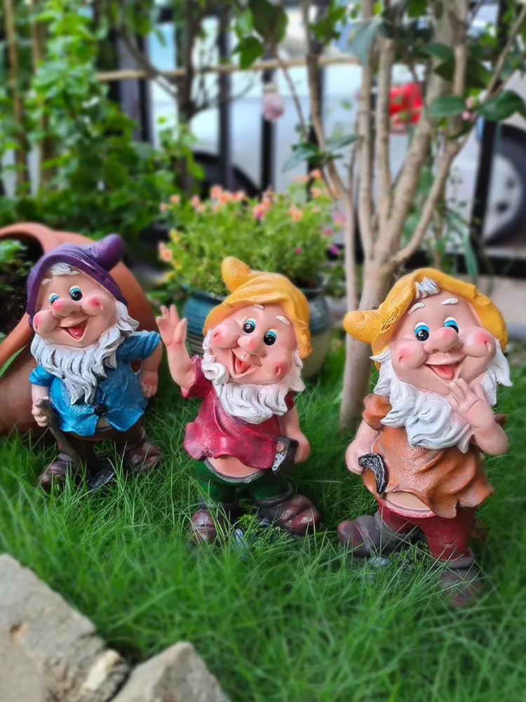 Outdoor Fairy Garden Accessories Courtyard Decor Cartoon Character Resin Sculpture 7 Dwarfs Landscape Terrace Yard Decoration