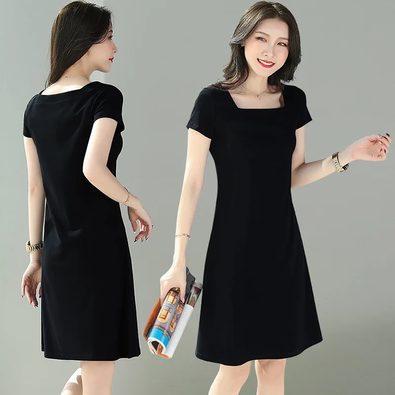 

Woman Cotton Dress Short sleeve Square collar woman's gown Solid collar Summer woman's clothing