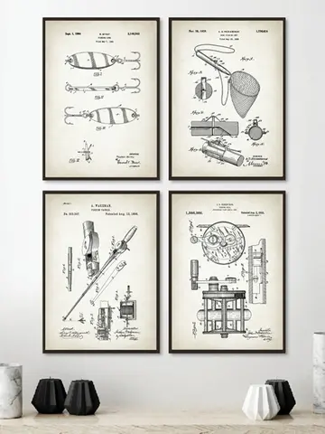 Vintage Fishing Lure Patent Chart Vintage Poster Rod ganci Angling Wall Art Picture Fish tipi Canvas Painting Prints Man Gifts