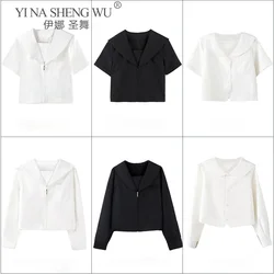 Women Sailor Suit Shirts Short/Long Sleeve Crop-Tops School Uniform JK Kawaii Fresh Girls Solid Pleated Elegant All-Match New