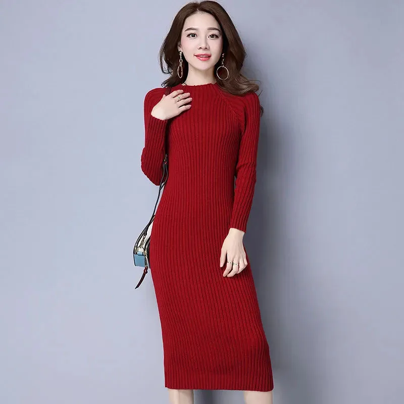 winter sweater dress long pure color Women Dresses pink red Elegant soft Knitted Sweater Dress Bodycon Slim Midi Vestidos