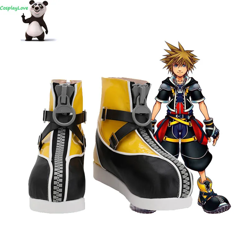 

Kingdom Hearts 2 Sora Black Yellow Shoes Cosplay Long Boots Leather Custom Made For Party Christmas Halloween