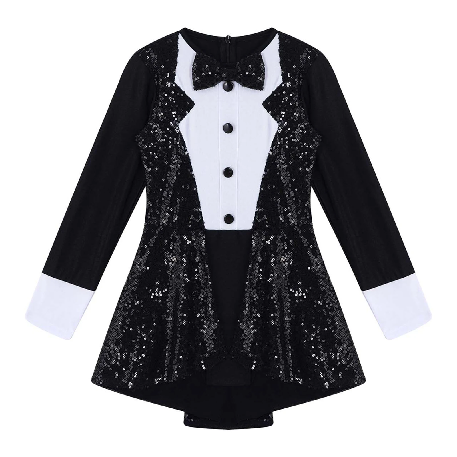 Kids Girls Shiny Magician Costumes Sequins Jazz Ballet Dancing Stage Performance Outfit Cosplay Tuxedo Bowtie Dress Leotards