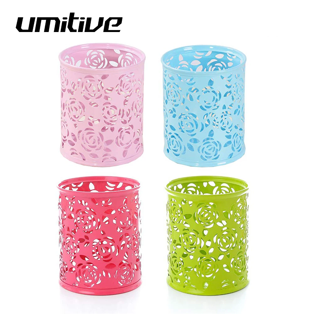 Umitive Hollow Rose Flower Pen Case Pencil Stand Round Desk Pencil Pen Holder Desk Organizer Gift