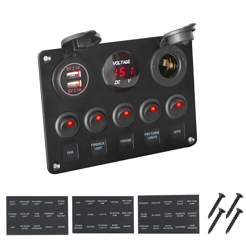 12V 24V 5 Knop Led Schakelpaneel Toggle Usb Laders 3.0 Volt Gauge Voor Auto Marine Boot truck Trailer Caravan Accessoires