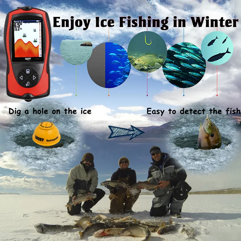 LUCKY Rechargeable Fish Finder Wireless FF1108-1CWLA Sonar Sensor Deeper Fishfinder 147 Feet Water Depth Echo Sounder Fishing