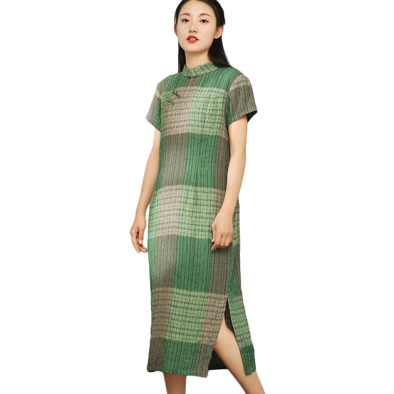 

LZJN Summer Short Sleeve Linen Qipao Slim Fit Lattice Plaid Chinese Cheongsam Long Dress Modern Qipao Dress