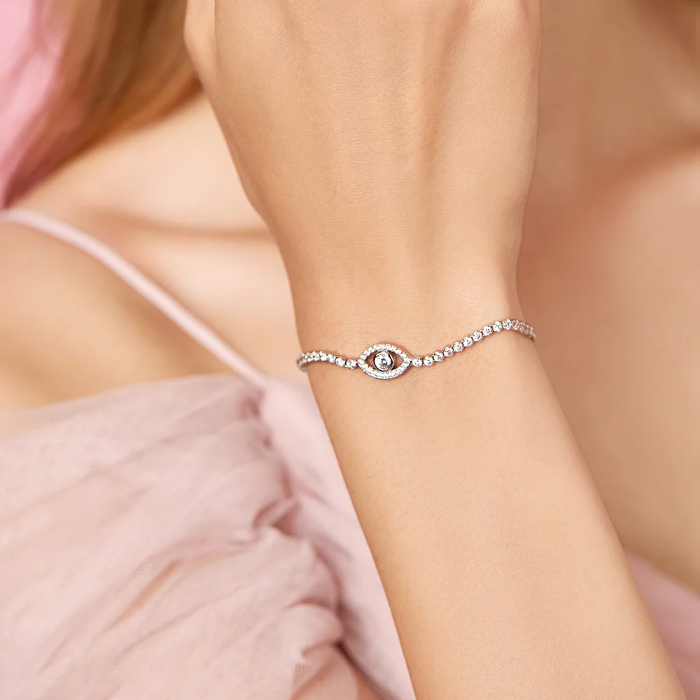 ATHENAIE 925 Sterling Silver Sparkling Clear Cubic Zirconia Devil's Eye Slider Bracelet Adjutable for Women Friendship Gift