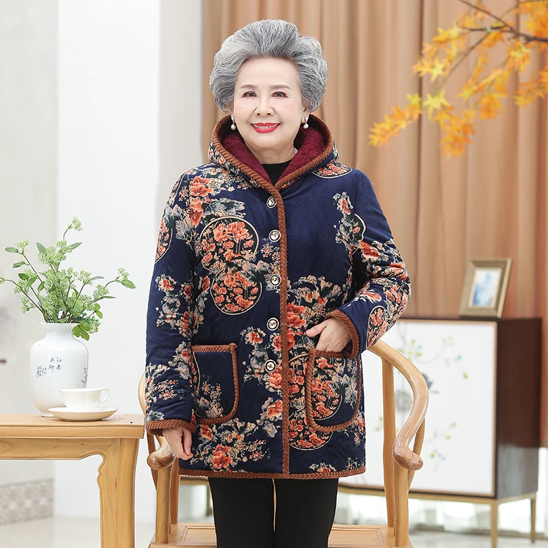 Middle-Aged Elderly Grandmother Cotton Padded Clothes Winter Coat Parkers Add Velvet Thicken Warm Women\'s Jackets  Overcoat 5XL