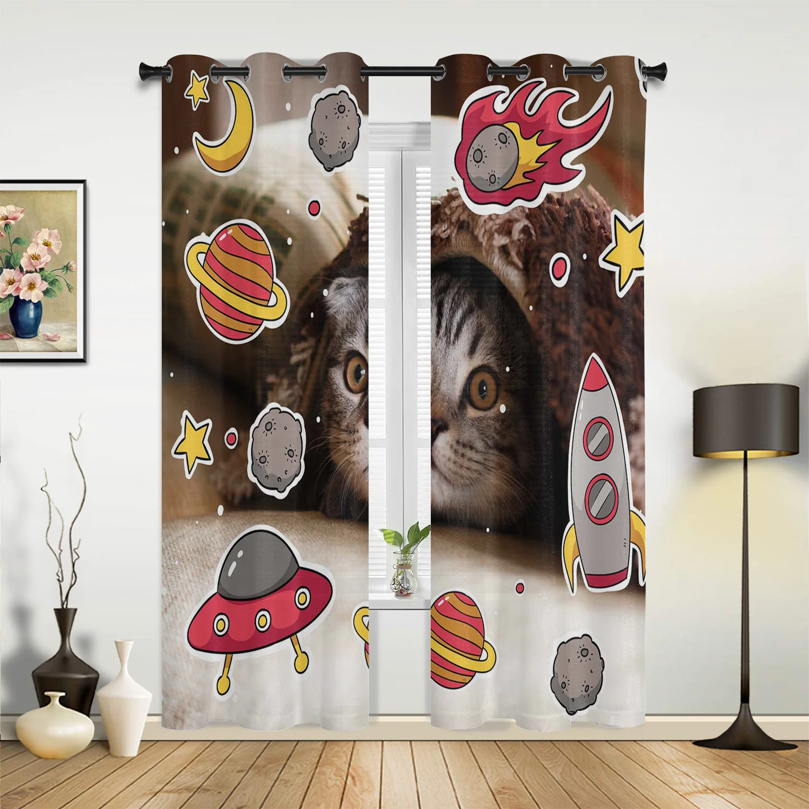 Cat Cute Planet Sticker Valance Window Curtains For Living Room Bedroom Kitchen Home Korean Youth Room Window Curtains