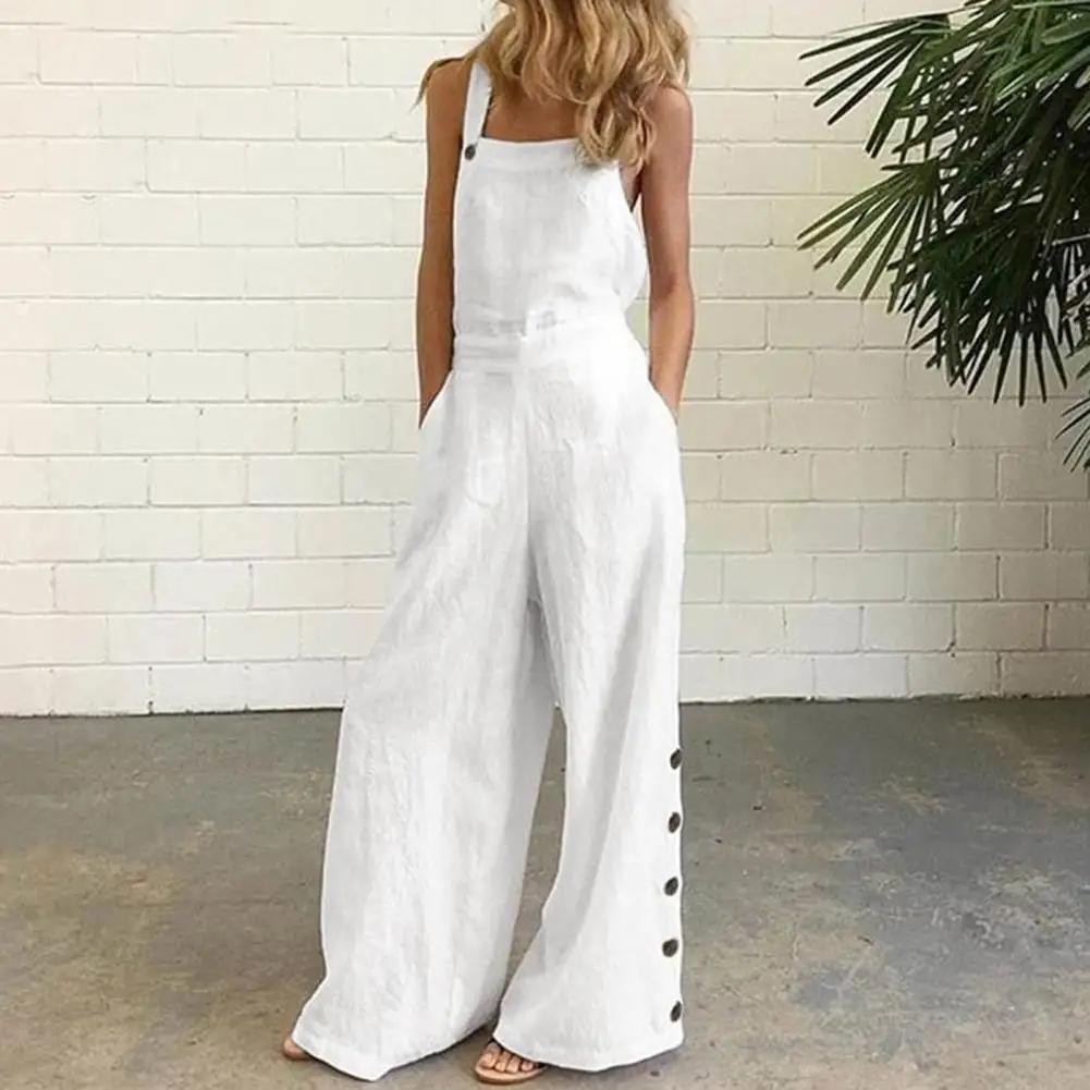 Women Jumpsuit Summer Sleeveless Solid Color Wide Leg Pockets Loose Strappy Playsuit Overall Wide Leg Pockets mono mujer verano