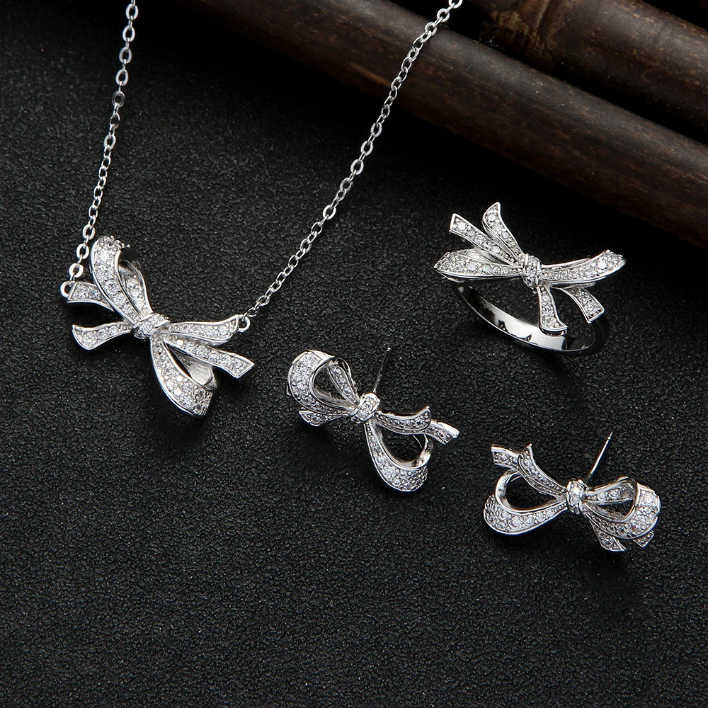 

Luxury Bowknot Cubic Zirconia Clear Zirconia Necklace Earring Ring Set Fashion Style Wedding Bridal Jewelry Set D1515