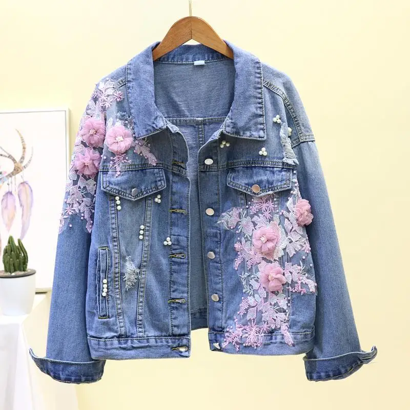 2024 Autumn Women Denim Jacket Embroidery Three-dimensional Floral Jeans Jacket Beading Pearl Ripped Hole Bomber Outerwear P778