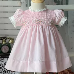 Baby girl summer vintage Spanish handmade smocking princess dress kids puff sleeve embroidered cotton birthday party dress