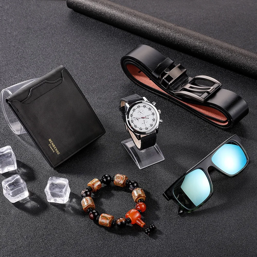 Luxury Men\'s Watch Set Fashion Men Quatrz Wristwatch Leather Belt Folding Wallet Sunglasses Bracelet Gift for Mens Boyfriends