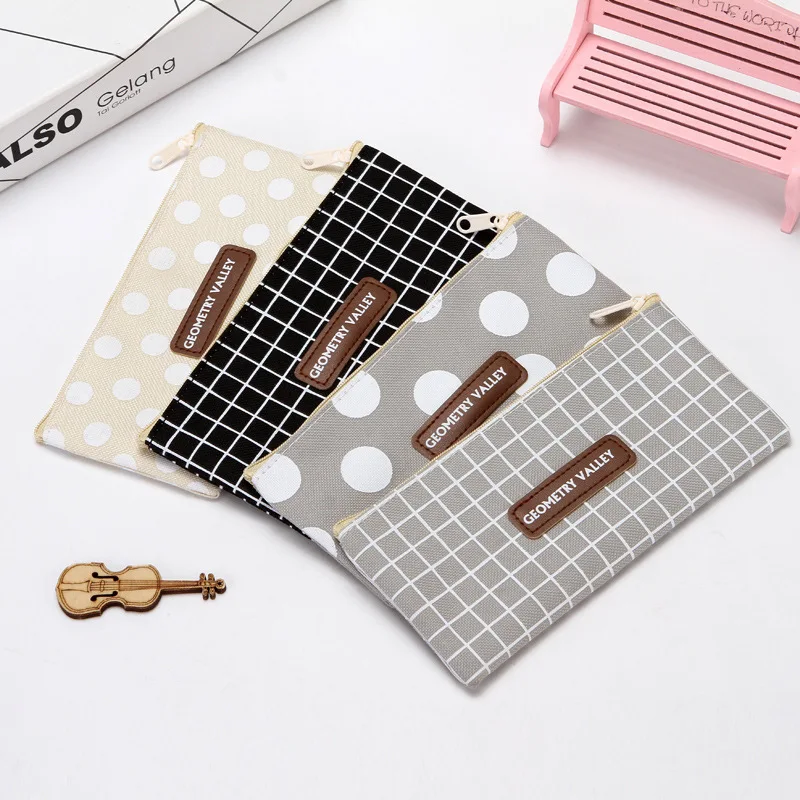 1pc Korea Lattice Xiaoqing Pencil Case Student Stationery Bag Large Capacity Pencil Case Canvas Cosmetic Stationery