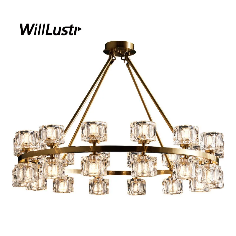 Modern Copper Pendant Light Luxury Crystal Suspension Lamp Hotel Hall Living Dining Bedroom LED G4 Hanging Ceiling Chandelier