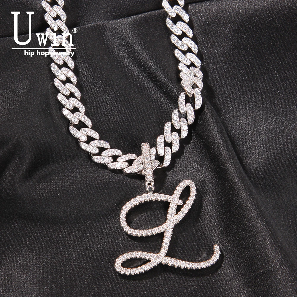 Uwin Cursive Letters With 9mm Iced Out Cuban Chain Brush Cubic Zirconia Intial Name Necklace Jewelry Charm Hip Hop Drop Shipping