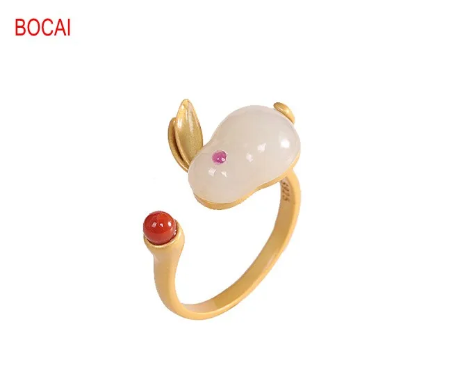 s925 silver gold-plated Hetian jade white jade white rabbit ring fashion cute women's open ring