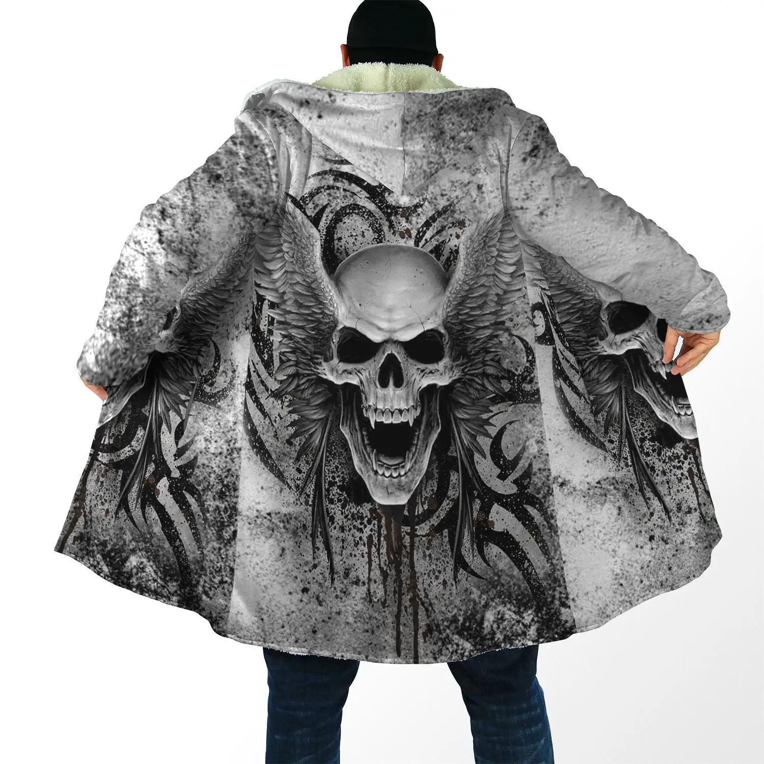 Winter Mens Hooded cloak Crazy Skull With Angel Wings 3D Printing Fleece wind breaker Unisex Casual Thick Warm Hood cloak PF11