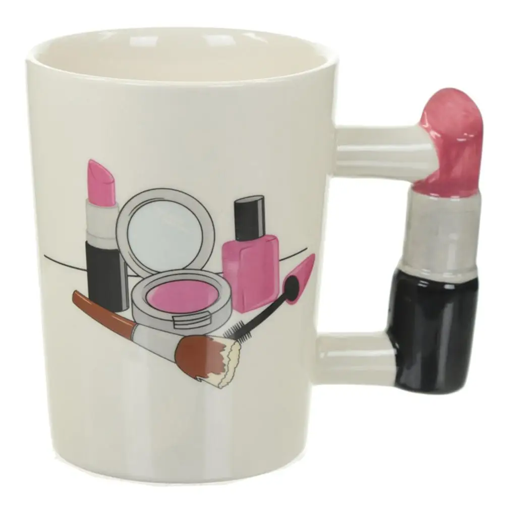 

Creative Ceramic Mug Beauty Tools 3D Hand Painted Cup Lipstick Handle Tea Coffee Cup Home Office Drinkware For Women Gift 2021