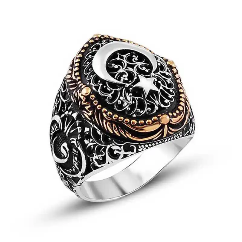 Silver Moon Star Men's Ring - 925 Sterling Men's Jewelry Wedding Birthday Gift - Box - Zircon Stone - Men - Fashion - Botiva - Size - Turkish - Patterned Embroidery