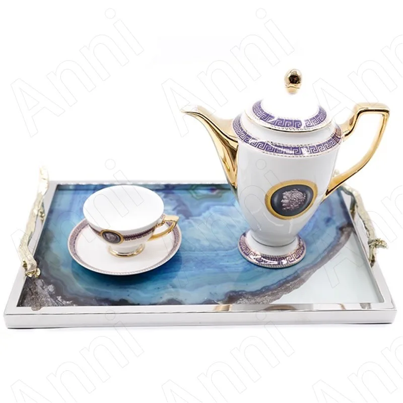 

Creativity Agate Texture Metal Trays Decorative Nordic Modern Rectangle Glass Tea Cup Wine Storage Tray Afternoon Tea Food Plate