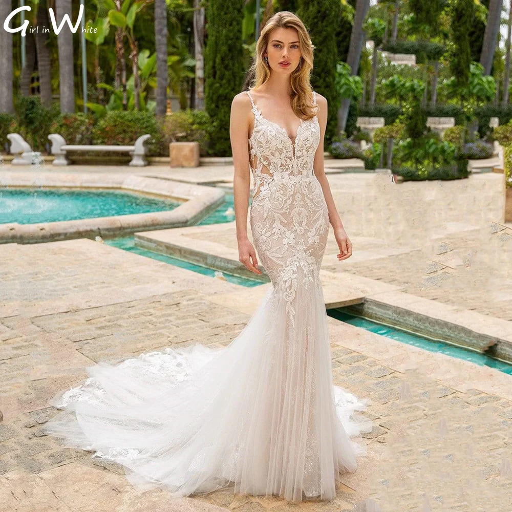 Vestido De Novia De sirena De encaje con tirantes finos, vestido De Novia con Espalda descubierta, vestido De Novia con apliques