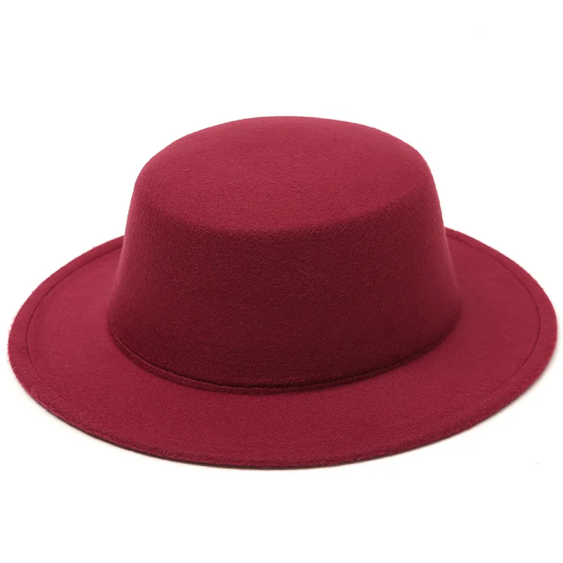 Flat Top Fedora Hats for Women Solid Color Imitation Wool Jazz Cap Wide Brim Ladies Elegant Round Caps Bowler Hats