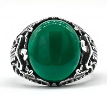 Skutečný 925 Sterling Silver Aqeeq prsten pro muže zelený přírodní achát kamenné šperky vintage dárek pro ženy mužský turecký dutý designový prsten 6 nejlepší prodej prsten aqeeq - №1