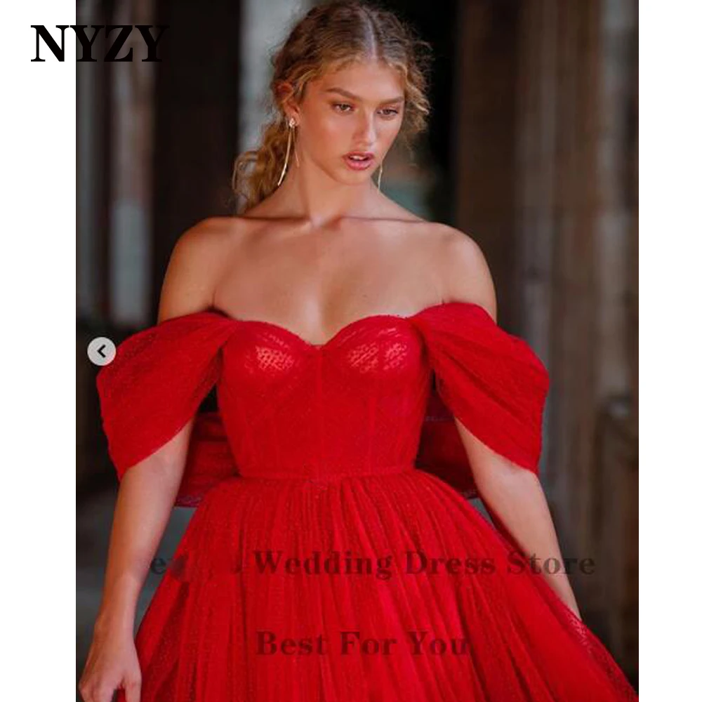 P135 NYZY Vintage Off the Shoulder Red Dots Tulle Prom Dresses 2021 Short Evening Gowns Wedding Party Dress Cocktail Homecoming