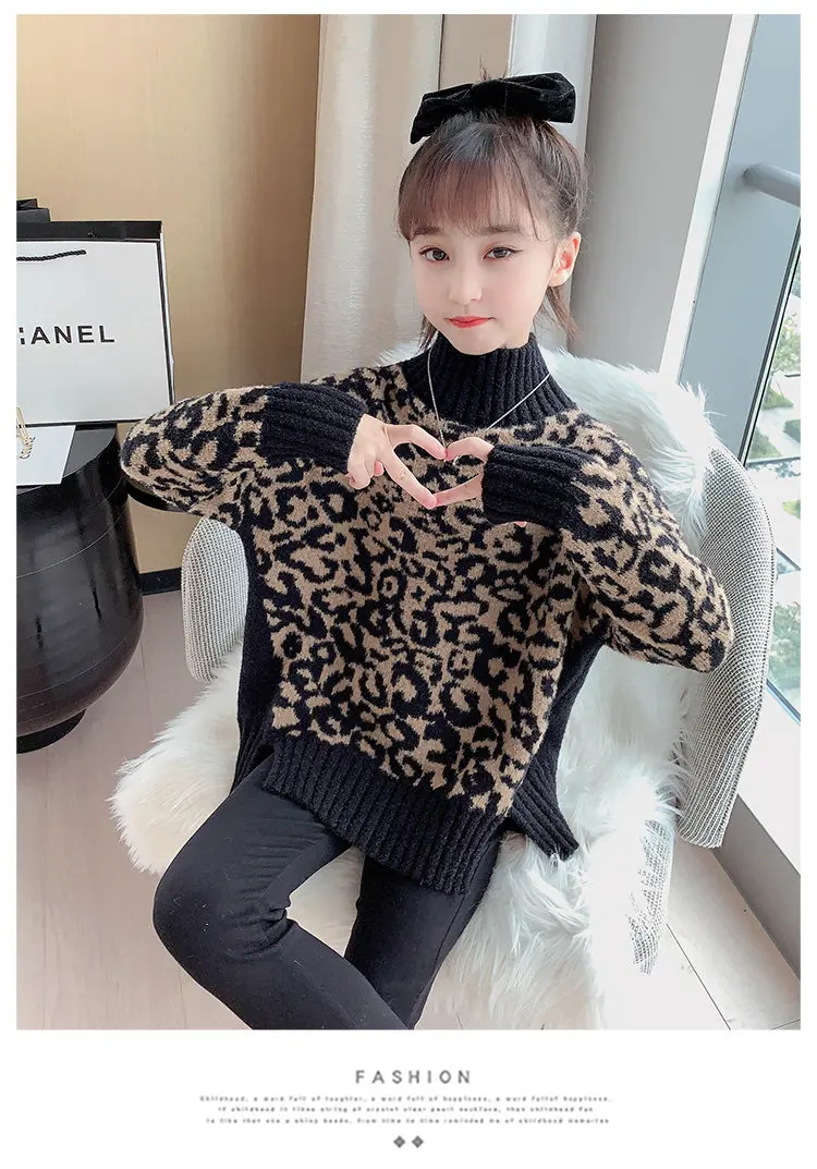 Baby-Mädchen Leopardenmuster Rollkragenpullover Neuer Herbst-Winter Koreanischer Stil Lockerer Strickpullover Oberteil für Kinder 6 8 10 12 13 Jahre – Detail 6