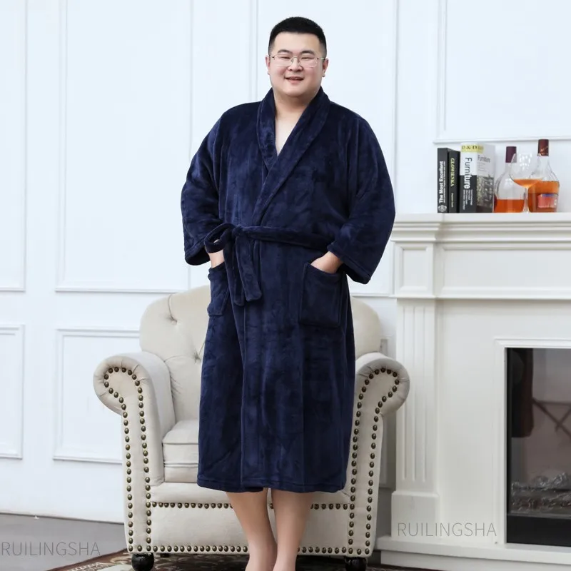 Men  Warm Flannel Bathrobe 40-125 KG Men Winter Coral Fleece Robe Night Sleepwear Women Dressing Gown Lovers Robes