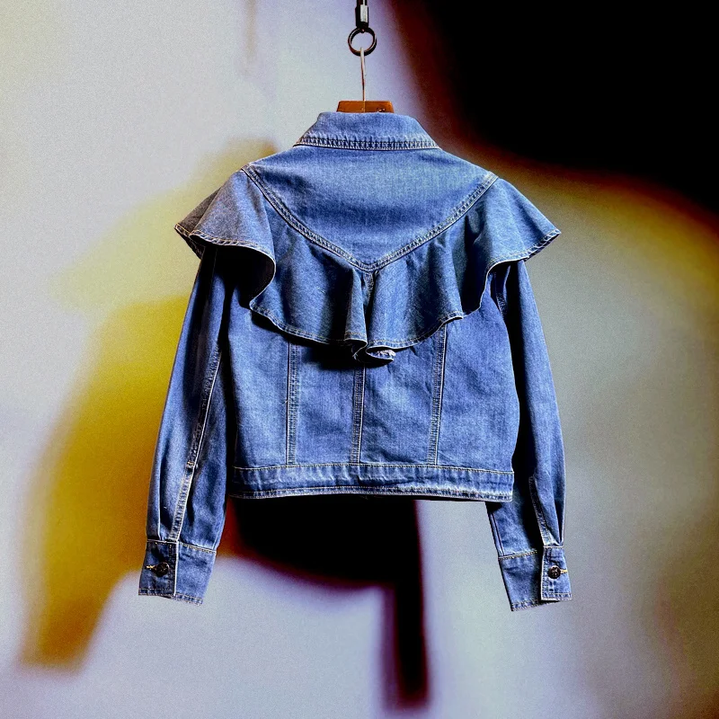 2024 Spring Autumn Women's Denim Jacket Vintage Ruffle Collar Fashion Short Tops Denim Jacket Casual Sweet Blue Jeans Coat Women