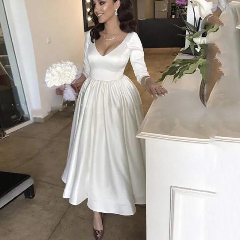 

Newly V Neck Short Wedding Dress 3/4 Long Sleeve White /Ivory Satin A-line Ankle Length Bride Gowns Backless Beach Wedding Gown