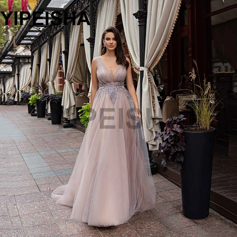 Gaun Malam Berpayet Applique Renda Tanpa Lengan Kerah V Rendah Gaun Pesta Prom Organza A-Line Vestido De VA Noiплате