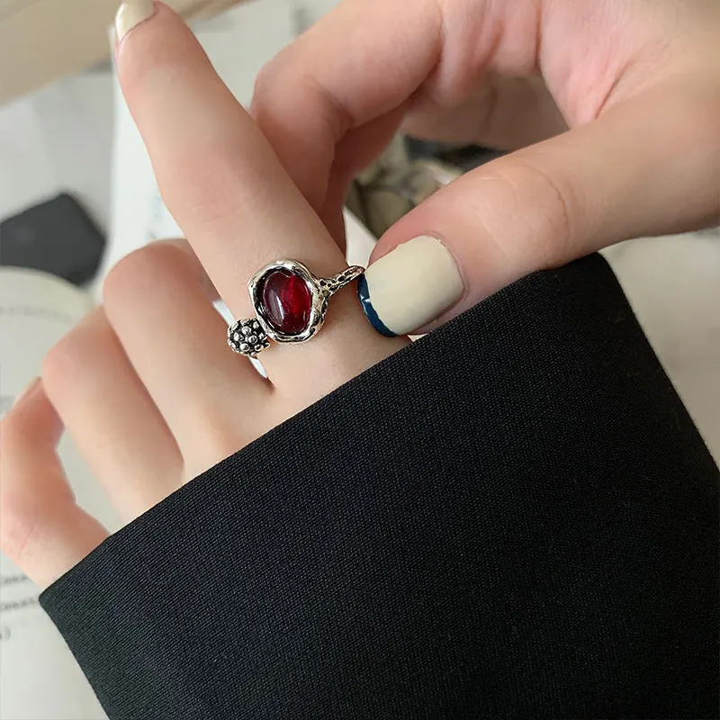 QMCOCO Silver Color Red Oval Zircon Ring For Women Trendy Elegant Geometric Vintage Handmade Luxury Ring Woman Jewelry Gifts