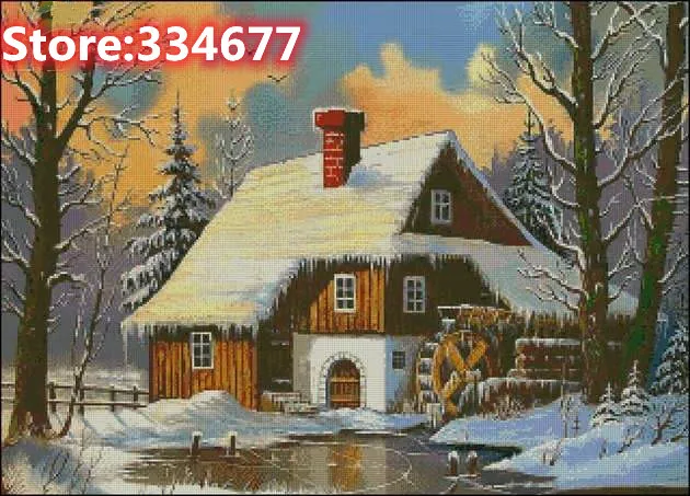 Winter Evening at the Mill Top Quality Embroidery Needlework 14CT Unprinted Snowy Hut Art Cross Stitch Kits DIY Handmade Decor