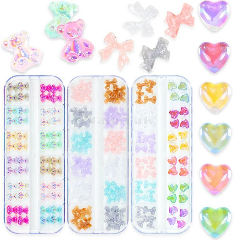 12Grids 3D Aurora Magic Bear Bowknot Glittering Transluce Candy Heart Jewel Nail Art Rhinestone Decorations Manicure DIY