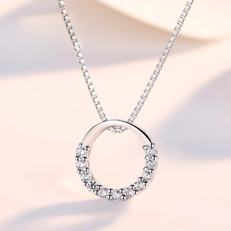New Fashion 925 Sterling Silver Jewelry Fine Round Zircon Pendant Necklaces Women Gift Semi Circle Rhinestone CZ Clavicle Chain
