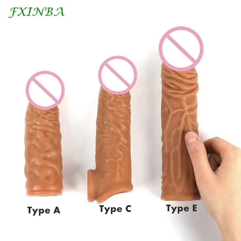 FXINBA 14-20cm Realistic Silicone Penis Extender Sleeve Delay Ejaculation Reusable Condoms Sex Toys For Men Cock Sleeve