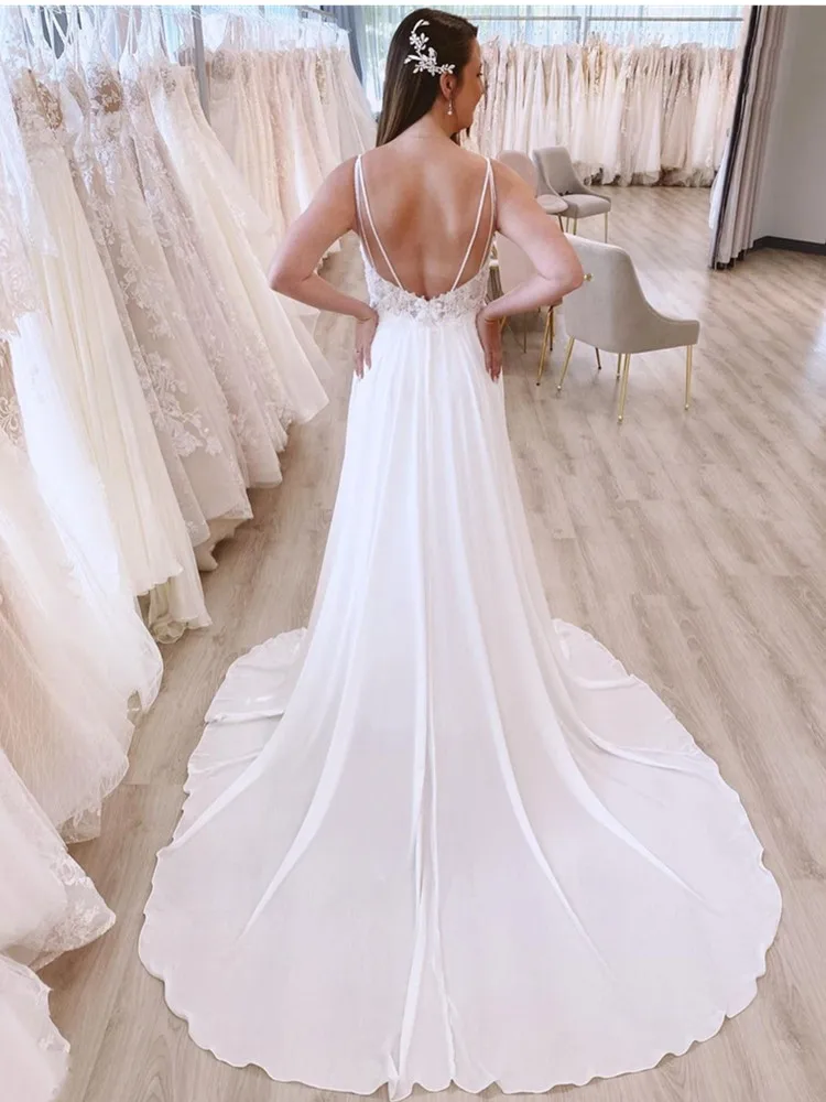 Boêmio elegante vestidos de casamento 2021 v pescoço sem mangas sem costas cinta de espaguete para mulher ilusão tule robe de mariage femme