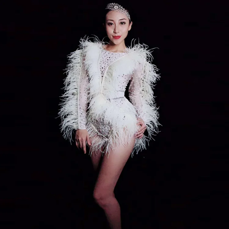 

White Feather Pearls bodysuit stage show wear full diamonds jumpsuit stage show Rhinestone leotard party dress