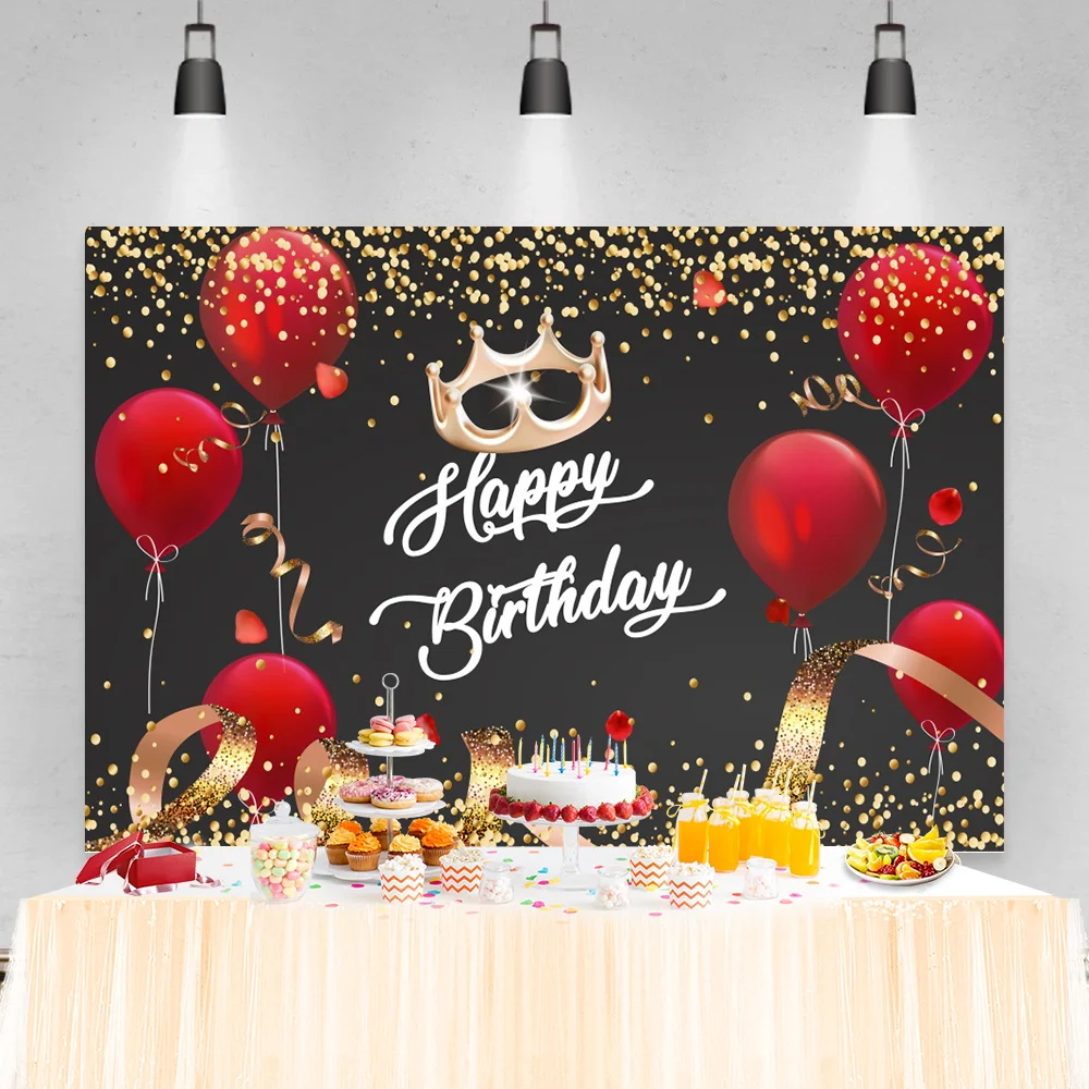 Gold Crown Polka Dots Happy Birthday Party Photo Background Red Balloons Black Photography Backdrop Portrait Customized Banner