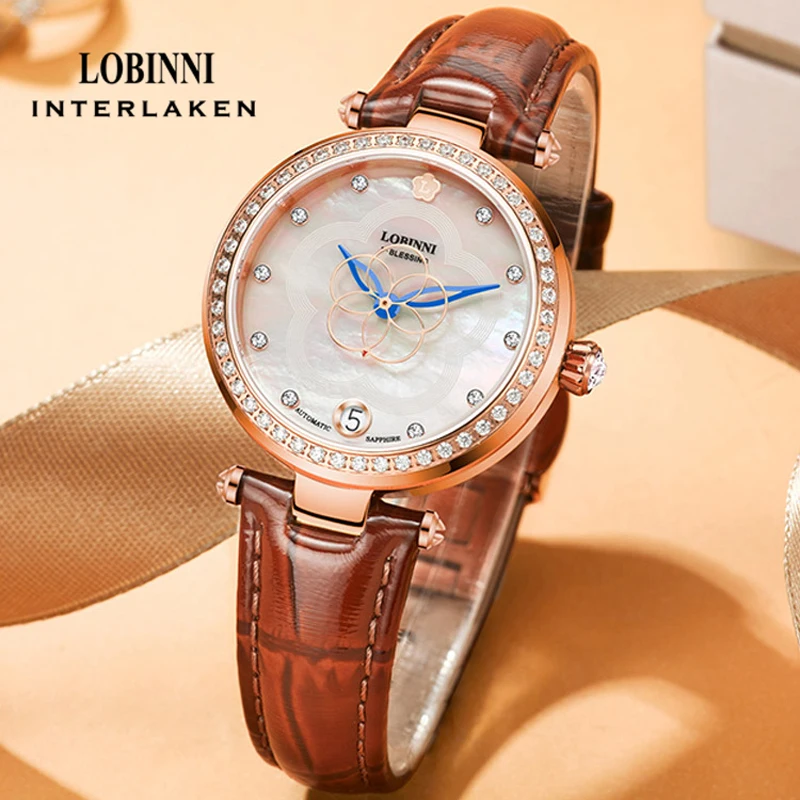 ساعة LOBINNI Fashion للسيدات بتصميم ماسي وساعة ميكانيكية أوتوماتيكية للنساء من كريستال الياقوت