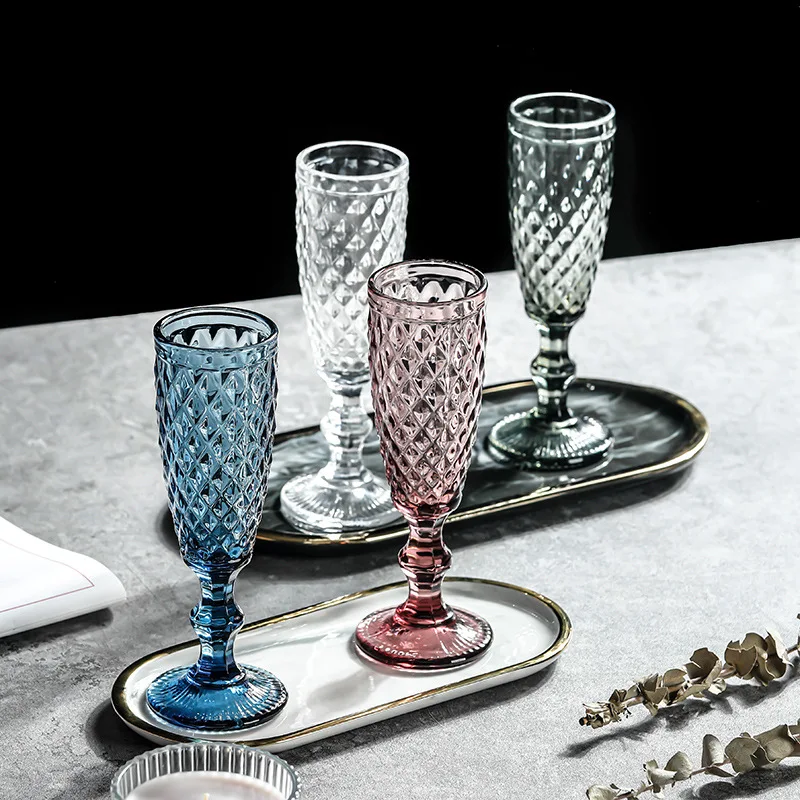 1 PC 150ml Machine Pressed Vintage Colored Goblet White Wine Champagne Flute Water Glass Green Blue Pink Glass Goblets Glass Cup