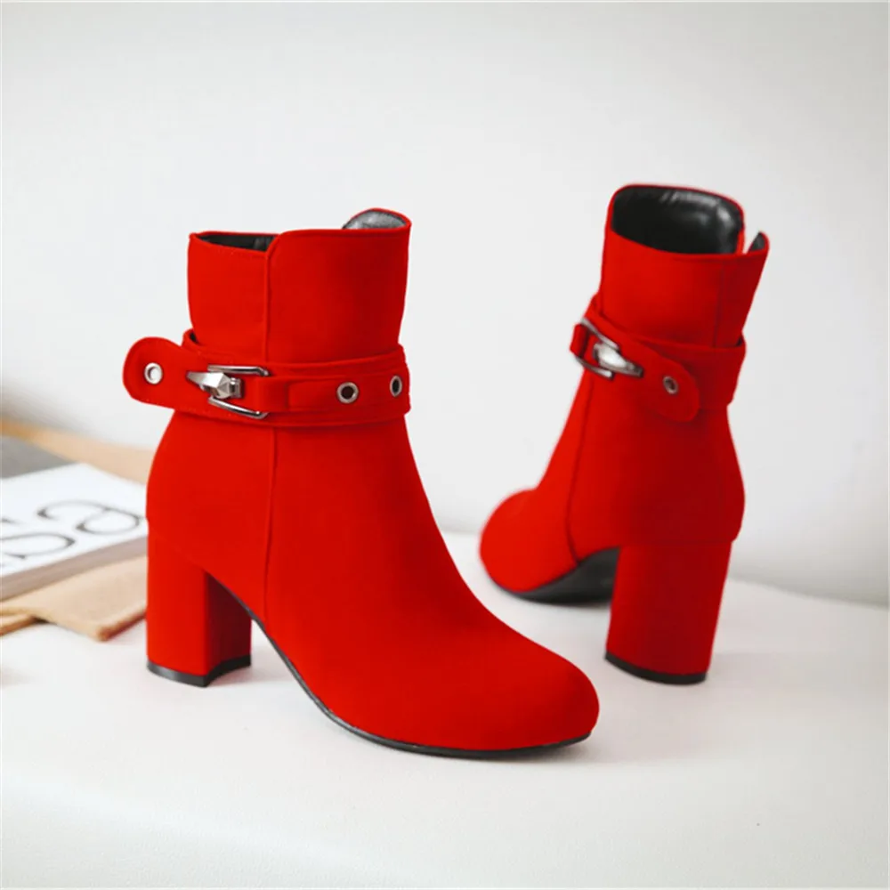 Large Size Round Toe Square Heel For Women Boots Fashion Buckle Ankle Boots Women Shoes Zipper Cheap High Heel Boots Woman 31-43