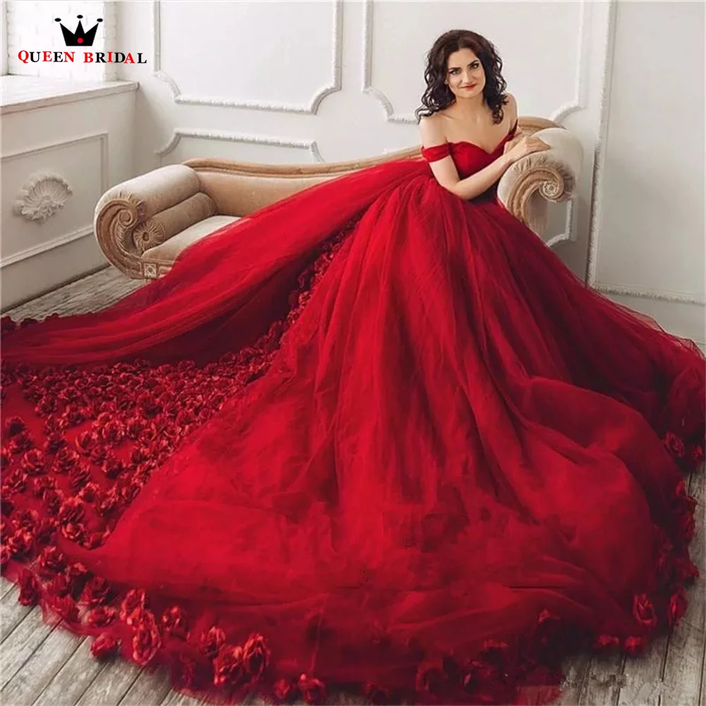 Wine Red Wedding Dresses Ball Gown Big Train Tulle 3D Flowers Appliques Luxury Formal Bride Gown Custom Made JY69