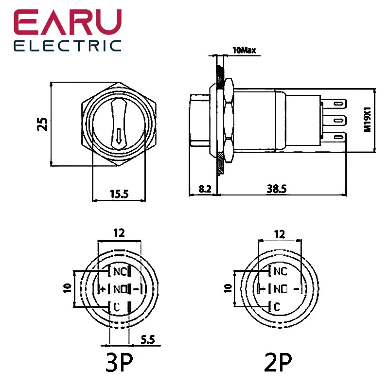 19mm Black Self-return Momentary Self-locking Fixation Waterproof DPDT Illuminated Metal Selector Rotary Switch 2/3 Position LED