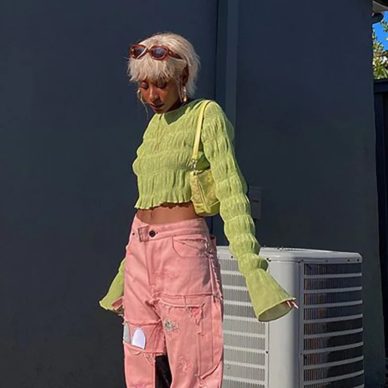 Spring And Autumn Women's New Korean Style Pleated Round Neck Long-sleeved Belly Button All-match Crop Top Women Y2k Aesthetic